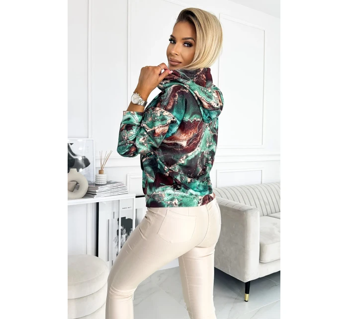 Dámska mikina s tyrkysovo-hnedým mramorovým vzorom as kapucňou 390-2