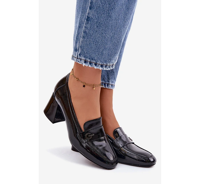 Kožené Lakované Dámské Lodičky na Podpatku Vinceza 18119 Černé