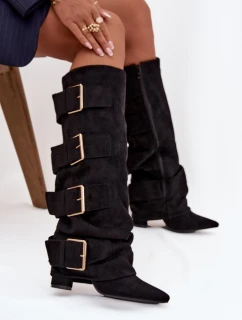 Dámske čižmy na podpätku so zahnutým zvrškom a zlatými prackami Isavelle - čierne