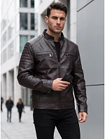 Pánska kožená zateplená bunda so stojáčikom, hnedá, FashionStreet TX5138