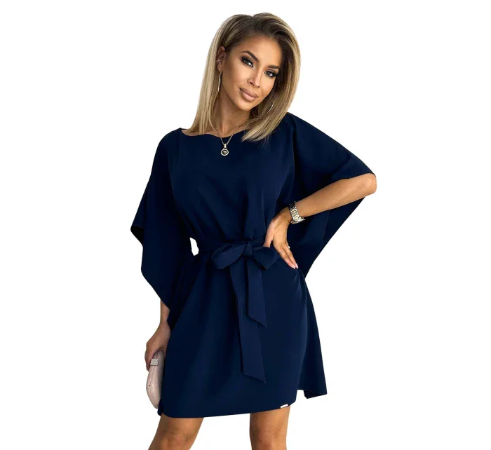 SOFIA Tmavě modré dámské šaty se zavazováním v pase model 17911531 - numoco