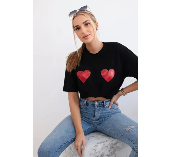 Bavlnená blúzka s potlačou srdca čierna
