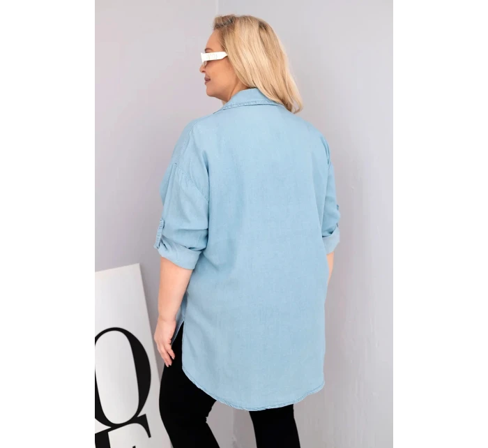 Dámske lyocelové tričko s predĺženým chrbtom a gombíkovými rukávmi Light Denim v nadmernej veľkosti