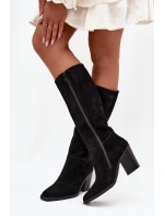 Semišové Kozačky Na Podpatku Se Zipem Černé model 21705064 - Boto