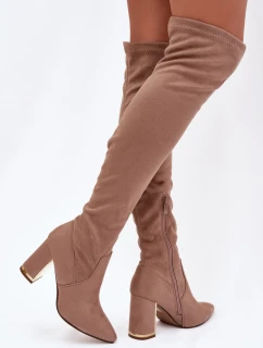 Dámske semišové čižmy nad kolená na podpätku - tmavobéžové Thamine