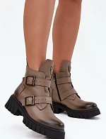 Skórzane Ocieplane Botki Damskie Z Klamrami I Ozdobnym Detalem Zazoo 60482 Ciemnobeżowe