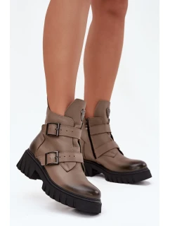 Skórzane Ocieplane Botki Damskie Z Klamrami I Ozdobnym Detalem Zazoo 60482 Ciemnobeżowe