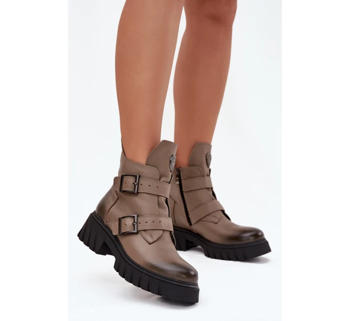 Skórzane Ocieplane Botki Damskie Z Klamrami I Ozdobnym Detalem Zazoo 60482 Ciemnobeżowe