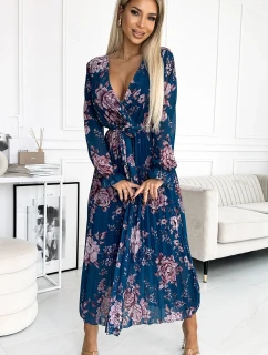 Světle modré květované dlouhé dámské plisované šifonové šaty s výstřihem, dlouhými rukávy a páskem model 21486666 - numoco basic