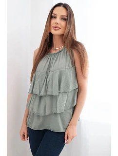 Dámská bavlněná halenka model 22147992 střihu s volány bez rukávů khaki - K-Fashion