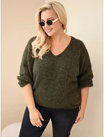 Dámský svetr Plus Size s výstřihem do V a širokým rukávem khaki