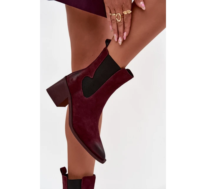 Kožené semišové dámské boty na podpatku vyhřívané model 21712879 bordó - Artiker
