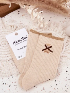 Bavlnené rebrované ponožky s medvedíkom - béžové