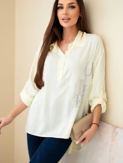 Dámska viskózna blúzka s golierom a kryštálovou potlačou žltá