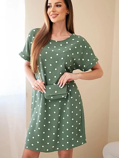 Dámské šaty s puntíky s krátkým rukávem a kabelkou khaki