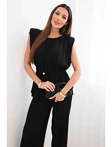 Dámska plisovaná súprava z viskózy s uzlovou blúzkou a širokými nohavicami čierna