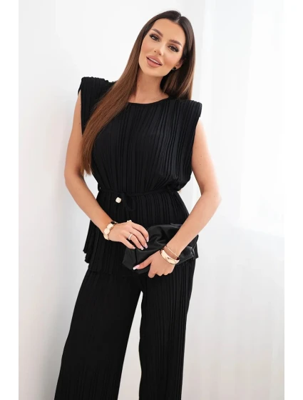 Dámska plisovaná súprava z viskózy s uzlovou blúzkou a širokými nohavicami čierna