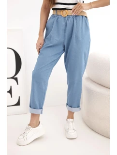 Dámské kalhoty s ohrnutou nohavicí a páskem světle džínové