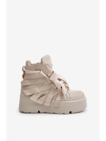 Skórzane Sneakersy Damskie Na Masywnej Platformie CheBello 4561 Beżowe