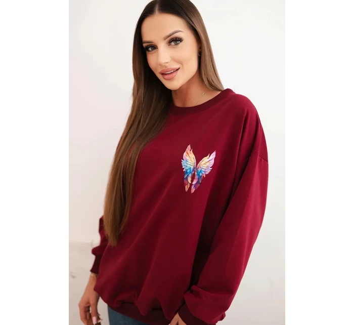 Dámska bavlnená mikina nadrozmernej veľkosti s farebnými krídlami na chrbte bordová Dámska bavlnená mikina nadrozmernej veľkosti s farebnými krídlami na chrbte bordová