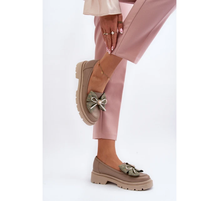 Damskie Skórzane Mokasyny Z Kokardą Laura Messi 2787 Beżowe