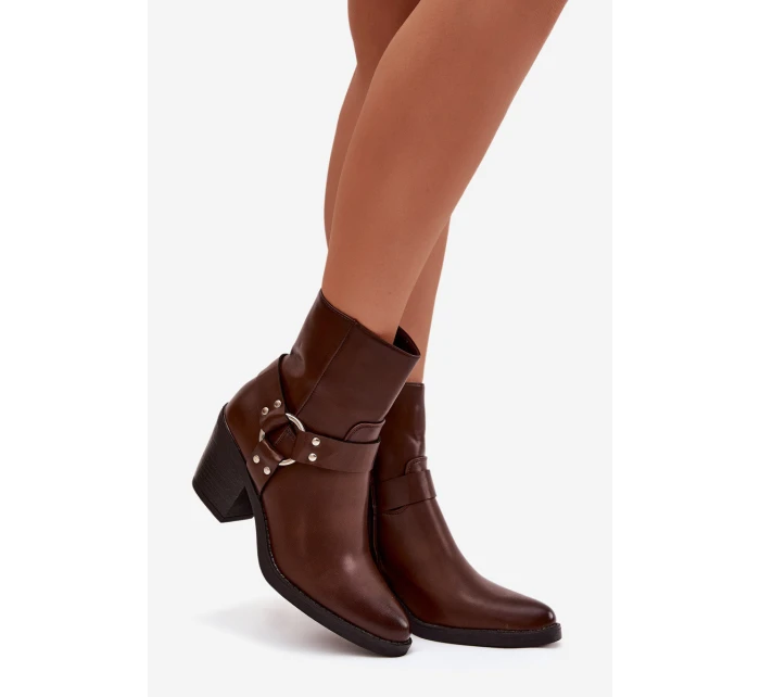 Zateplené dámské kotníkové boty na podpatku s ozdobným prvkem hnědé Jurelle