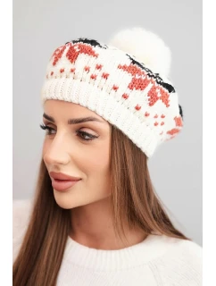 Dámska zimná vlnená čiapka s motívom snehovej vločky a bambulou K457 ecru