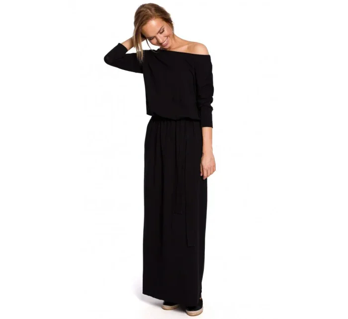 M435 Maxi bavlnené šaty s opaskom na zaväzovanie - čierne