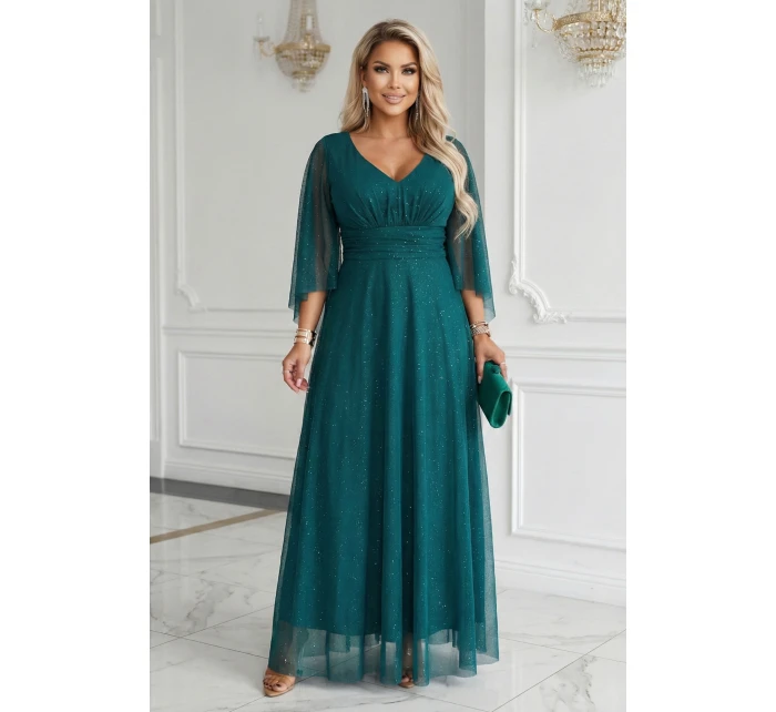 Dlouhé lehké třpytivé šaty s výstřihem a rukávy zelené model 21802212 - numoco basic Dlouhé lehké třpytivé šaty s výstřihem a rukávy zelené model 21802212 - numoco basic