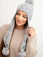 Dámska zimná vlnená čiapka s bambuľkami a predĺženými bokmi K448 sivá