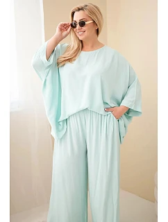 Dámský komplet Plus Size z viskózy se širokými kalhotami a halenkou mátový