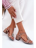Skórzane Lakierowane Sandały Damskie Na Słupku Z Ozdobą Vinceza 91134 Beżowe