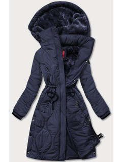 Tmavomodrá dámska zimná bunda ku kolenám (M-21601)