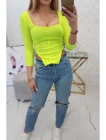 Rebrovaná blúzka s výstrihom žltá neónová