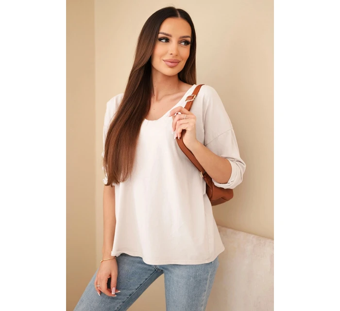 Dámská bavlněná blůza s výstřihem do V a dlouhým rukávem béžová