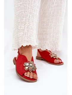 Sandały Damskie Na Płaskim Obcasie Z Ozdobą S.Barski KV27-001 Czerwone