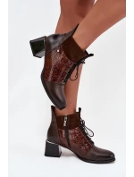 Zazoo 60503 Skórzane Botki Na Obcasie Ocieplane Czekoladowe