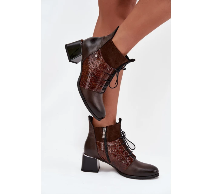 Zazoo 60503 Skórzane Botki Na Obcasie Ocieplane Czekoladowe