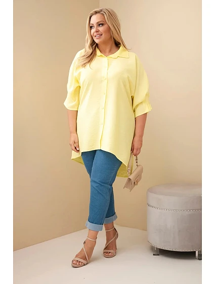 Dámská plus size bavlněná košile s knoflíky a límečkem žlutá Dámská plus size bavlněná košile s knoflíky a límečkem žlutá