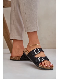 Materiałowe Klapki Na Korkowej Podeszwie Z Klamrami Czarne Atera