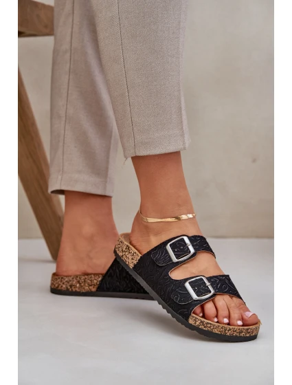 Materiałowe Klapki Na Korkowej Podeszwie Z Klamrami Czarne Atera