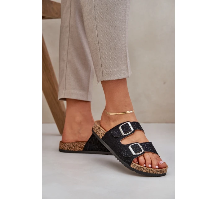 Materiałowe Klapki Na Korkowej Podeszwie Z Klamrami Czarne Atera