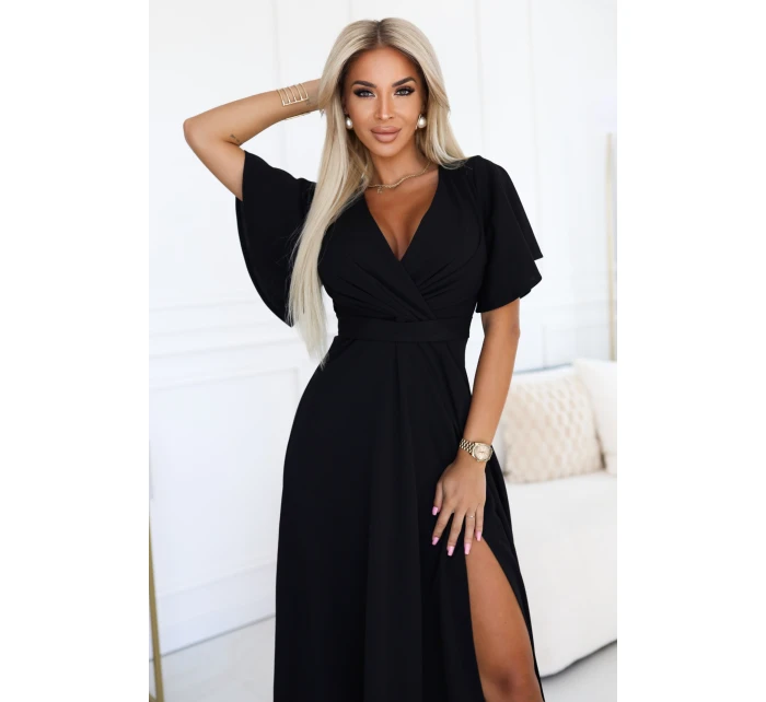 dlouhé šaty s rozparkem na rukávy a výstřihem černé model 21290293 - numoco