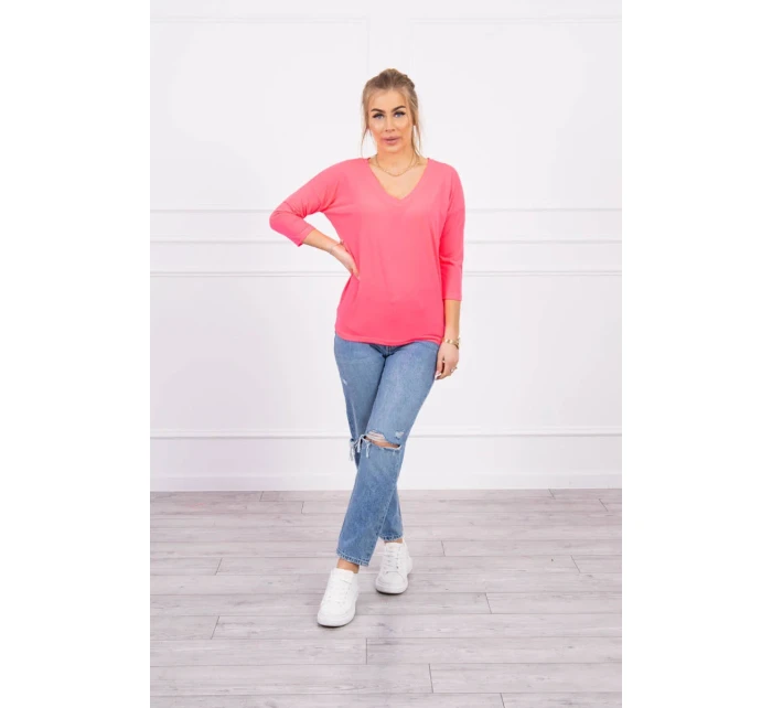 Halenka s výstřihem do V růžová neonová Halenka s výstřihem do V růžová neonová