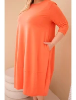 Dámske bavlnené plus veľkosť šaty s vyhrnutými rukávmi a vreckami marhuľová Dámske bavlnené plus veľkosť šaty s vyhrnutými rukávmi a vreckami marhuľová