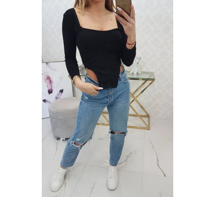 Blúzka s rebrovaným výstrihom čierna