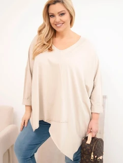 Dámská bavlněná blůza Plus Size s asymetrickým spodním lemem a V výstřihem béžová