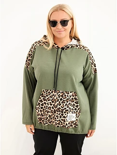 Dámska mikina Plus Size z viskózy s kapucňou a leopardovými vložkami v khaki farbe