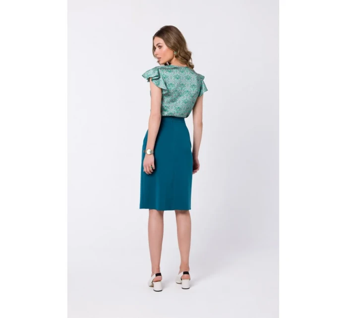 model 18360346 Sukně áčkového střihu se zavinovacími detaily modrá - STYLOVE model 18360346 Sukně áčkového střihu se zavinovacími detaily modrá - STYLOVE