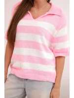 Dámsky pruhovaný sveter s golierom a krátkymi rukávmi ružovej farby